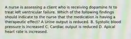 A nurse is assessing a client who is receiving dopamine IV to treat left ventricular failure. Which of the following findings should indicate to the nurse that the medication is having a therapeutic effect? A Urine output is reduced. B. Systolic blood pressure is increased C. Cardiac output is reduced D. Apical heart rate is increased.