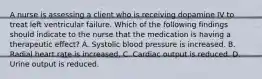 A nurse is assessing a client who is receiving dopamine IV to treat left ventricular failure. Which of the following findings should indicate to the nurse that the medication is having a therapeutic effect? A. Systolic blood pressure is increased. B. Radial heart rate is increased. C. Cardiac output is reduced. D. Urine output is reduced.