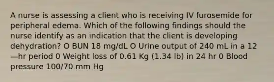 A nurse is assessing a client who is receiving IV furosemide for peripheral edema. Which of the following f‌indings should the nurse identify as an indication that the client is developing dehydration? O BUN 18 mg/dL O Urine output of 240 mL in a 12—hr period 0 Weight loss of 0.61 Kg (1.34 lb) in 24 hr 0 Blood pressure 100/70 mm Hg