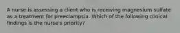 A nurse is assessing a client who is receiving magnesium sulfate as a treatment for preeclampsia. Which of the following clinical findings is the nurse's priority?