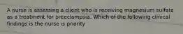 A nurse is assessing a client who is receiving magnesium sulfate as a treatment for preeclampsia. Which of the following clinical findings is the nurse is priority