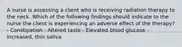 A nurse is assessing a client who is receiving radiation therapy to the neck. Which of the following findings should indicate to the nurse the client is experiencing an adverse effect of the therapy? - Constipation - Altered taste - Elevated blood glucose - Increased, thin saliva