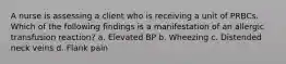 A nurse is assessing a client who is receiving a unit of PRBCs. Which of the following findings is a manifestation of an allergic transfusion reaction? a. Elevated BP b. Wheezing c. Distended neck veins d. Flank pain