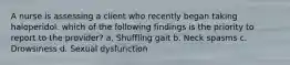 A nurse is assessing a client who recently began taking haloperidol. which of the following findings is the priority to report to the provider? a. Shuffling gait b. Neck spasms c. Drowsiness d. Sexual dysfunction