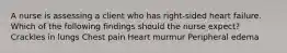 A nurse is assessing a client who has right-sided heart failure. Which of the following findings should the nurse expect? Crackles in lungs Chest pain Heart murmur Peripheral edema
