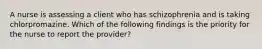 A nurse is assessing a client who has schizophrenia and is taking chlorpromazine. Which of the following findings is the priority for the nurse to report the provider?