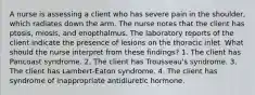 A nurse is assessing a client who has severe pain in the shoulder, which radiates down the arm. The nurse notes that the client has ptosis, miosis, and enopthalmus. The laboratory reports of the client indicate the presence of lesions on the thoracic inlet. What should the nurse interpret from these findings? 1. The client has Pancoast syndrome. 2. The client has Trousseau's syndrome. 3. The client has Lambert-Eaton syndrome. 4. The client has syndrome of inappropriate antidiuretic hormone.