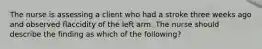 The nurse is assessing a client who had a stroke three weeks ago and observed flaccidity of the left arm. The nurse should describe the finding as which of the following?