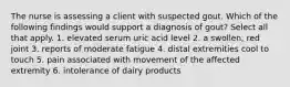 The nurse is assessing a client with suspected gout. Which of the following findings would support a diagnosis of gout? Select all that apply. 1. elevated serum uric acid level 2. a swollen, red joint 3. reports of moderate fatigue 4. distal extremities cool to touch 5. pain associated with movement of the affected extremity 6. intolerance of dairy products