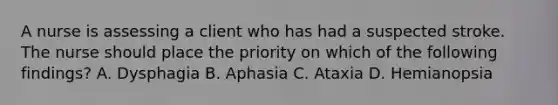 A nurse is assessing a client who has had a suspected stroke. The nurse should place the priority on which of the following findings? A. Dysphagia B. Aphasia C. Ataxia D. Hemianopsia