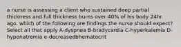 a nurse is assessing a client who sustained deep partial thickness and full thickness burns over 40% of his body 24hr ago. which of the following are findings the nurse should expect? Select all that apply A-dyspnea B-bradycardia C-hyperkalemia D-hyponatremia e-decreasedbhematocrit