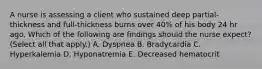 A nurse is assessing a client who sustained deep partial‐thickness and full‐thickness burns over 40% of his body 24 hr ago. Which of the following are findings should the nurse expect? (Select all that apply.) A. Dyspnea B. Bradycardia C. Hyperkalemia D. Hyponatremia E. Decreased hematocrit