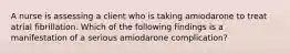 A nurse is assessing a client who is taking amiodarone to treat atrial fibrillation. Which of the following findings is a manifestation of a serious amiodarone complication?