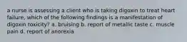 a nurse is assessing a client who is taking digoxin to treat heart failure, which of the following findings is a manifestation of digoxin toxicity? a. bruising b. report of metallic taste c. muscle pain d. report of anorexia