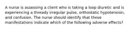 A nurse is assessing a client who is taking a loop diuretic and is experiencing a thready irregular pulse, orthostatic hypotension, and confusion. The nurse should identify that these manifestations indicate which of the following adverse effects?