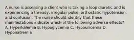 A nurse is assessing a client who is taking a loop diuretic and is experiencing a thready, irregular pulse, orthostatic hypotension, and confusion. The nurse should identify that these manifestations indicate which of the following adverse effects? A. Hyperkalemia B. Hypoglycemia C. Hypouricemia D. Hyponatremia