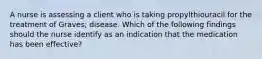 A nurse is assessing a client who is taking propylthiouracil for the treatment of Graves; disease. Which of the following findings should the nurse identify as an indication that the medication has been effective?