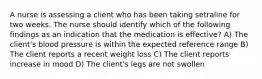 A nurse is assessing a client who has been taking setraline for two weeks. The nurse should identify which of the following findings as an indication that the medication is effective? A) The client's blood pressure is within the expected reference range B) The client reports a recent weight loss C) The client reports increase in mood D) The client's legs are not swollen