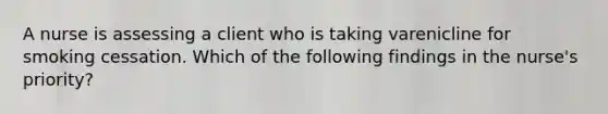 A nurse is assessing a client who is taking varenicline for smoking cessation. Which of the following findings in the nurse's priority?