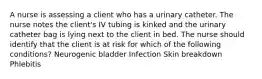 A nurse is assessing a client who has a urinary catheter. The nurse notes the client's IV tubing is kinked and the urinary catheter bag is lying next to the client in bed. The nurse should identify that the client is at risk for which of the following conditions? Neurogenic bladder Infection Skin breakdown Phlebitis