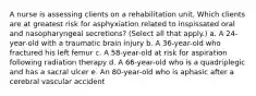 A nurse is assessing clients on a rehabilitation unit. Which clients are at greatest risk for asphyxiation related to inspissated oral and nasopharyngeal secretions? (Select all that apply.) a. A 24-year-old with a traumatic brain injury b. A 36-year-old who fractured his left femur c. A 58-year-old at risk for aspiration following radiation therapy d. A 66-year-old who is a quadriplegic and has a sacral ulcer e. An 80-year-old who is aphasic after a cerebral vascular accident