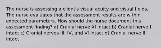 The nurse is assessing a client's visual acuity and visual fields. The nurse evaluates that the assessment results are within expected parameters. How should the nurse document this assessment finding? a) Cranial nerve XI intact b) Cranial nerve I intact c) Cranial nerves III, IV, and VI intact d) Cranial nerve II intact