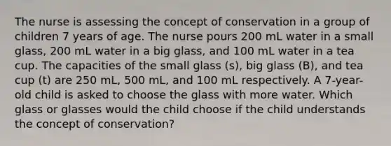 The nurse is assessing the concept of conservation in a group of children 7 years of age. The nurse pours 200 mL water in a small glass, 200 mL water in a big glass, and 100 mL water in a tea cup. The capacities of the small glass (s), big glass (B), and tea cup (t) are 250 mL, 500 mL, and 100 mL respectively. A 7-year-old child is asked to choose the glass with more water. Which glass or glasses would the child choose if the child understands the concept of conservation?