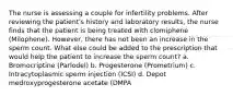 The nurse is assessing a couple for infertility problems. After reviewing the patient's history and laboratory results, the nurse finds that the patient is being treated with clomiphene (Milophene). However, there has not been an increase in the sperm count. What else could be added to the prescription that would help the patient to increase the sperm count? a. Bromocriptine (Parlodel) b. Progesterone (Prometrium) c. Intracytoplasmic sperm injection (ICSI) d. Depot medroxyprogesterone acetate (DMPA