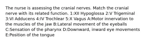 The nurse is assessing the cranial nerves. Match the cranial nerve with its related function. 1:XII Hypoglossa 2:V Trigeminal 3:VI Adducens 4:IV Trochlear 5:X Vagus A:Motor innervation to the muscles of the jaw B:Lateral movement of the eyeballs C:Sensation of the pharynx D:Downward, inward eye movements E:Position of the tongue