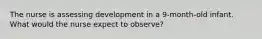The nurse is assessing development in a 9-month-old infant. What would the nurse expect to observe?