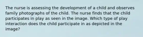 The nurse is assessing the development of a child and observes family photographs of the child. The nurse finds that the child participates in play as seen in the image. Which type of play interaction does the child participate in as depicted in the image?