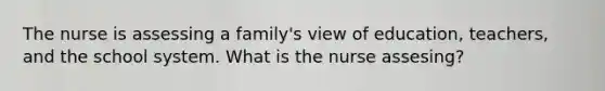 The nurse is assessing a family's view of education, teachers, and the school system. What is the nurse assesing?