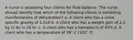 A nurse is assessing four clients for fluid balance. The nurse should identify that which of the following clients is exhibiting manifestations of dehydration? a. A client who has a urine specific gravity of 1.010 b. A client who has a weight gain of 2.2 kg (2 lb) in 24 hr. c. A client who has a hematocrit of 45% d. A client who has a temperature of 39° C (102° F)