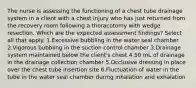 The nurse is assessing the functioning of a chest tube drainage system in a client with a chest injury who has just returned from the recovery room following a thoracotomy with wedge resection. Which are the expected assessment findings? Select all that apply. 1.Excessive bubbling in the water seal chamber 2.Vigorous bubbling in the suction control chamber 3.Drainage system maintained below the client's chest 4.50 mL of drainage in the drainage collection chamber 5.Occlusive dressing in place over the chest tube insertion site 6.Fluctuation of water in the tube in the water seal chamber during inhalation and exhalation