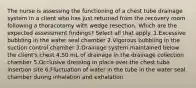 The nurse is assessing the functioning of a chest tube drainage system in a client who has just returned from the recovery room following a thoracotomy with wedge resection. Which are the expected assessment findings? Select all that apply. 1.Excessive bubbling in the water seal chamber 2.Vigorous bubbling in the suction control chamber 3.Drainage system maintained below the client's chest 4.50 mL of drainage in the drainage collection chamber 5.Occlusive dressing in place over the chest tube insertion site 6.Fluctuation of water in the tube in the water seal chamber during inhalation and exhalation