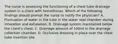 The nurse is assessing the functioning of a chest tube drainage system in a client with hemothorax. Which of the following findings should prompt the nurse to notify the physician? A. Fluctuation of water in the tube in the water seal chamber during inhalation and exhalation. B. Drainage system maintained below the client's chest. C. Drainage amount of 100ml in the drainage collection chamber. D. Occlusive dressing in place over the chest tube insertion site