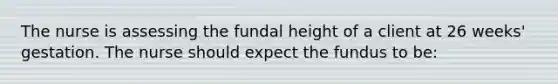 The nurse is assessing the fundal height of a client at 26 weeks' gestation. The nurse should expect the fundus to be: