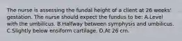 The nurse is assessing the fundal height of a client at 26 weeks' gestation. The nurse should expect the fundus to be: A.Level with the umbilicus. B.Halfway between symphysis and umbilicus. C.Slightly below ensiform cartilage. D.At 26 cm.