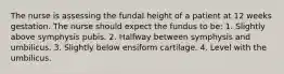 The nurse is assessing the fundal height of a patient at 12 weeks gestation. The nurse should expect the fundus to be: 1. Slightly above symphysis pubis. 2. Halfway between symphysis and umbilicus. 3. Slightly below ensiform cartilage. 4. Level with the umbilicus.