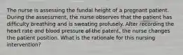 The nurse is assessing the fundal height of a pregnant patient. During the assessment, the nurse observes that the patient has difficulty breathing and is sweating profusely. After recording the heart rate and blood pressure of the patent, the nurse changes the patient position. What is the rationale for this nursing intervention?