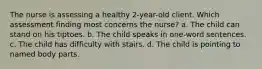 The nurse is assessing a healthy 2-year-old client. Which assessment finding most concerns the nurse? a. The child can stand on his tiptoes. b. The child speaks in one-word sentences. c. The child has difficulty with stairs. d. The child is pointing to named body parts.