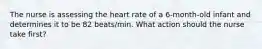 The nurse is assessing the heart rate of a 6-month-old infant and determines it to be 82 beats/min. What action should the nurse take first?