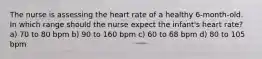 The nurse is assessing the heart rate of a healthy 6-month-old. In which range should the nurse expect the infant's heart rate? a) 70 to 80 bpm b) 90 to 160 bpm c) 60 to 68 bpm d) 80 to 105 bpm