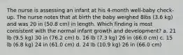 The nurse is assessing an infant at his 4-month well-baby check-up. The nurse notes that at birth the baby weighed 8lbs (3.6 kg) and was 20 in (50.8 cm) in length. Which finding is most consistent with the normal infant growth and development? a. 21 lb (9.5 kg) 30 in (76.2 cm) b. 16 lb (7.3 kg) 26 in (66.0 cm) c. 15 lb (6.8 kg) 24 in (61.0 cm) d. 24 lb (10.9 kg) 26 in (66.0 cm)