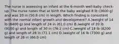 The nurse is assessing an infant at the 6-month well-baby check-up. The nurse notes that at birth the baby weighed 8 lb (3600 g) and was 20 in (50.8 cm) in length. Which finding is consistent with the normal infant growth and development? A.)weight of 14 lb (6400 g) and length of 24 in (61.0 cm) B.)weight of 20 lb (9100 g) and length of 30 in (76.2 cm) C.)weight of 18 lb (8200 g) and length of 28 in (71.1 cm) D.)weight of 16 lb (7300 g) and length of 26 in (66.0 cm)