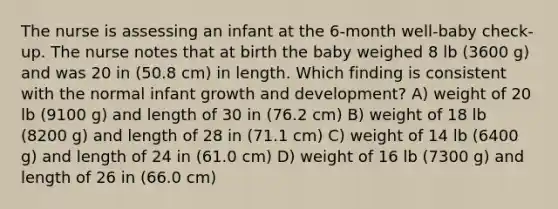 The nurse is assessing an infant at the 6-month well-baby check-up. The nurse notes that at birth the baby weighed 8 lb (3600 g) and was 20 in (50.8 cm) in length. Which finding is consistent with the normal infant growth and development? A) weight of 20 lb (9100 g) and length of 30 in (76.2 cm) B) weight of 18 lb (8200 g) and length of 28 in (71.1 cm) C) weight of 14 lb (6400 g) and length of 24 in (61.0 cm) D) weight of 16 lb (7300 g) and length of 26 in (66.0 cm)