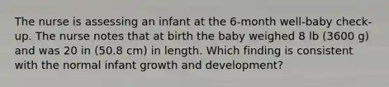 The nurse is assessing an infant at the 6-month well-baby check-up. The nurse notes that at birth the baby weighed 8 lb (3600 g) and was 20 in (50.8 cm) in length. Which finding is consistent with the normal infant <a href='https://www.questionai.com/knowledge/kde2iCObwW-growth-and-development' class='anchor-knowledge'>growth and development</a>?