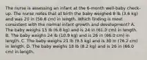 The nurse is assessing an infant at the 6-month well-baby check-up. The nurse notes that at birth the baby weighed 8 lb (3.6 kg) and was 20 in (50.8 cm) in length. Which finding is most consistent with the normal infant growth and development? A. The baby weighs 15 lb (6.8 kg) and is 24 in (61.0 cm) in length. B. The baby weighs 24 lb (10.9 kg) and is 26 in (66.0 cm) in length. C. The baby weighs 21 lb (9.5 kg) and is 30 in (76.2 cm) in length. D. The baby weighs 18 lb (8.2 kg) and is 26 in (66.0 cm) in length.