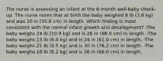 The nurse is assessing an infant at the 6-month well-baby check-up. The nurse notes that at birth the baby weighed 8 lb (3.6 kg) and was 20 in (50.8 cm) in length. Which finding is most consistent with the normal infant growth and development? -The baby weighs 24 lb (10.9 kg) and is 26 in (66.0 cm) in length. -The baby weighs 15 lb (6.8 kg) and is 24 in (61.0 cm) in length. -The baby weighs 21 lb (9.5 kg) and is 30 in (76.2 cm) in length. -The baby weighs 18 lb (8.2 kg) and is 26 in (66.0 cm) in length.