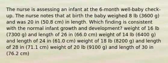 The nurse is assessing an infant at the 6-month well-baby check-up. The nurse notes that at birth the baby weighed 8 lb (3600 g) and was 20 in (50.8 cm) in length. Which finding is consistent with the normal infant growth and development? weight of 16 lb (7300 g) and length of 26 in (66.0 cm) weight of 14 lb (6400 g) and length of 24 in (61.0 cm) weight of 18 lb (8200 g) and length of 28 in (71.1 cm) weight of 20 lb (9100 g) and length of 30 in (76.2 cm)